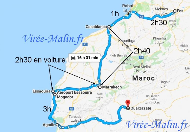carte-distance-pour-visiter-environs-Marrakech-Essaouira-agadir-casablanca