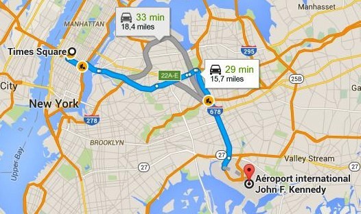 googleMap-Aeroport-JFK-Times-square-taxi