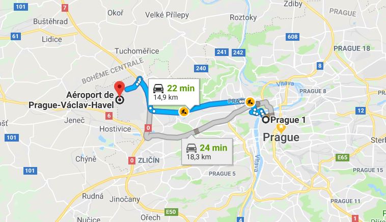 Aeroport-Prague-centre-ville-distance