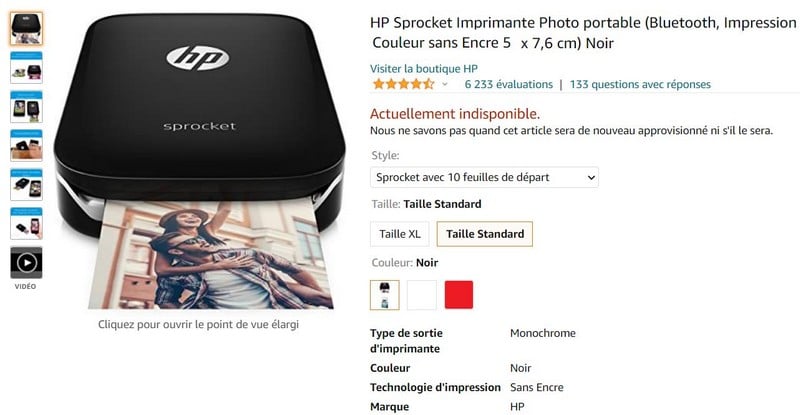 Lot de 50 feuilles Papier Photo HP Sprocket 5x7,6cm à prix bas